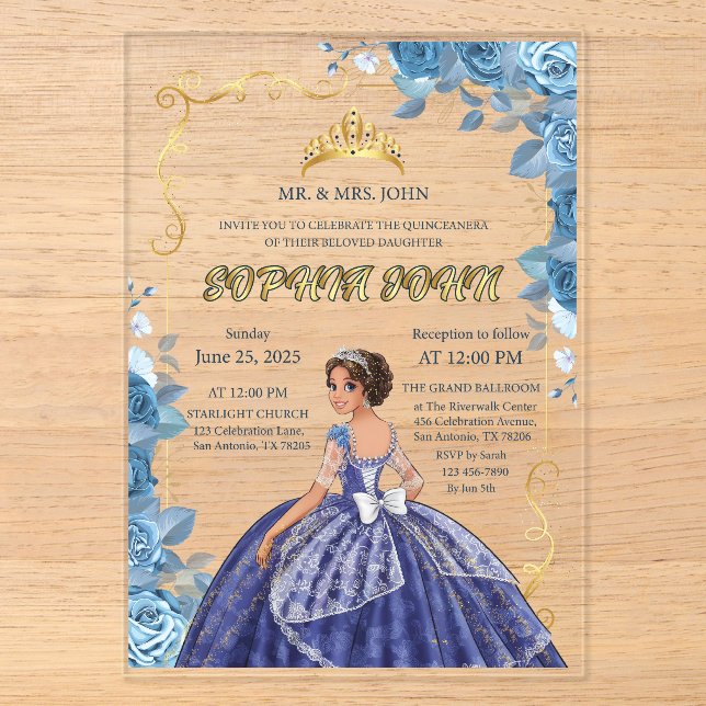 Quinceanera Invitation Emerald Blue Dress Acrylic (Front)