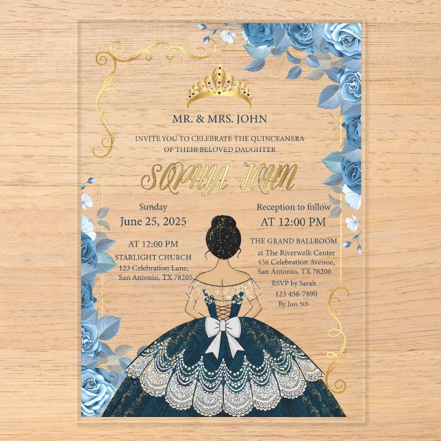 Quinceanera Invitation Emerald Blue Dress Acrylic (Front)