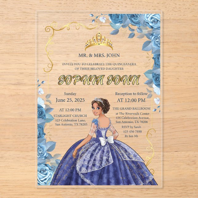 Quinceanera Invitation Emerald Blue robe Acrylique (Recto)