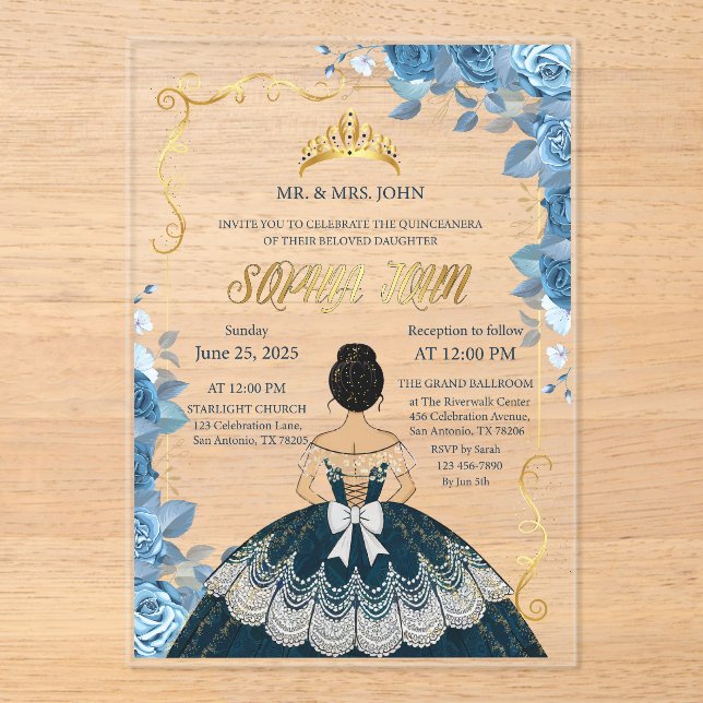 Quinceanera Invitation Emerald Blue robe Acrylique (Recto)