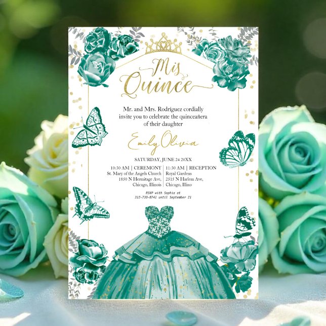 Quinceanera Invitation Emerald Green Robe Florale (Créateur téléchargé)