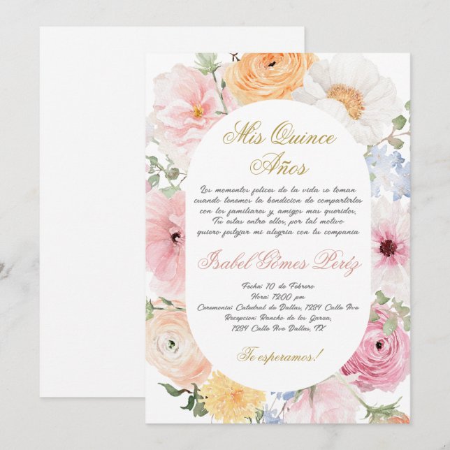 Quinceanera invitation en espagnol (Devant / Derrière)