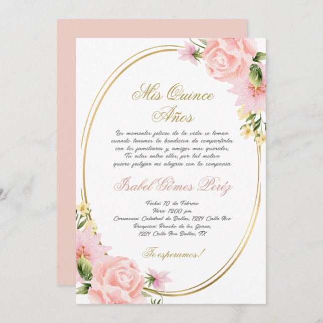 Quinceanera invitation en espagnol (Devant / Derrière)