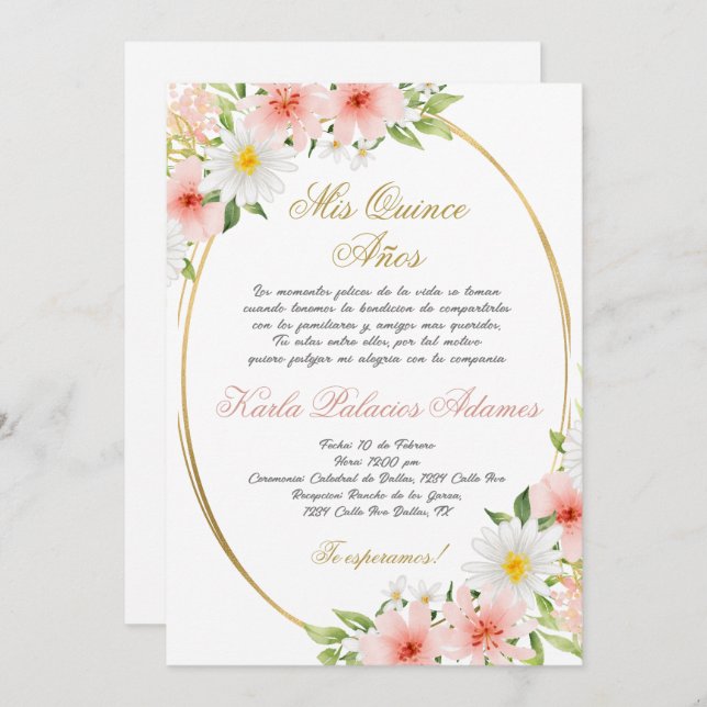 Quinceanera invitation en espagnol (Devant / Derrière)