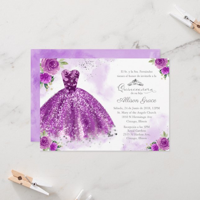 Quinceanera Invitation Espagnol Argent Purple Gown (Devant/Arrière en situation)