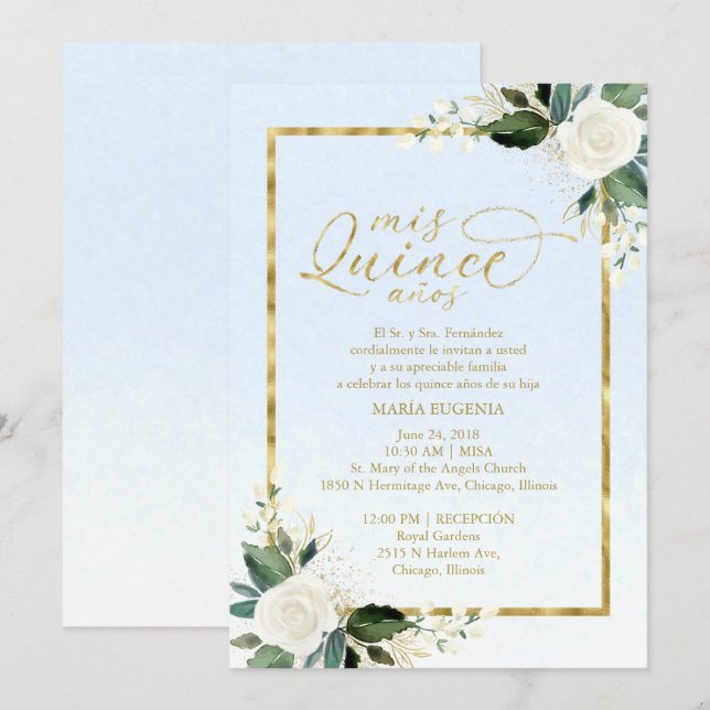 Quinceanera Invitation Espagnol Blue Gold Foil (Devant / Derrière)
