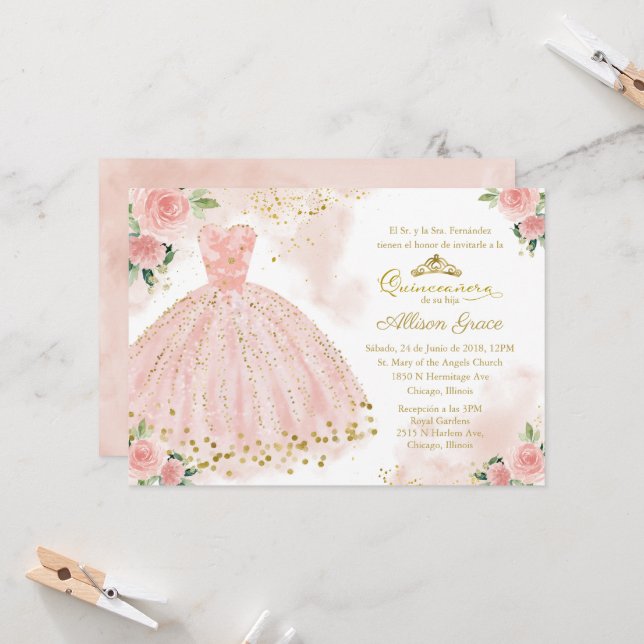 Quinceanera Invitation Espagnol Blush Gold Foil (Devant/Arrière en situation)