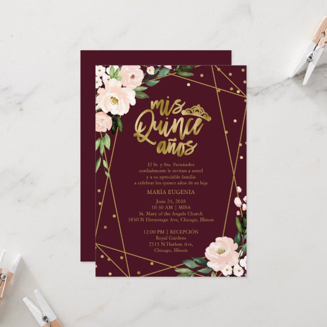 Quinceanera Invitation Espagnol Blush Gold Foil (Devant/Arrière en situation)