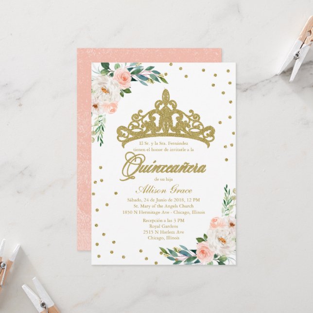 Quinceanera Invitation Espagnol Gold Tiara Blush (Devant/Arrière en situation)