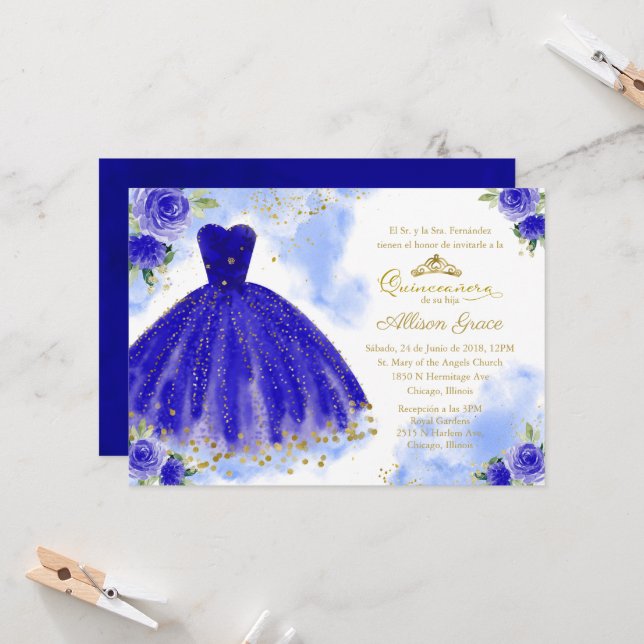 Quinceanera Invitation Espagnol Or Royal Blue (Devant/Arrière en situation)