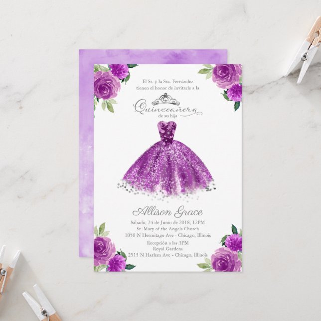 Quinceanera Invitation Espagnol Purple Gown Floral (Devant/Arrière en situation)