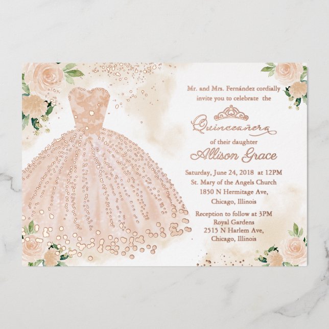 Quinceanera Invitation Floral Blush Gown Rose Gold (Front)