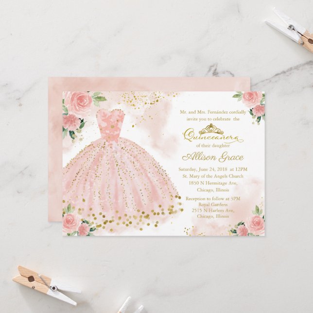 Quinceanera Invitation Gold Foil Pink Blush Gown (Front/Back In Situ)