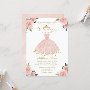 Quinceanera Invitation Gold Foil Rose Blush Gown