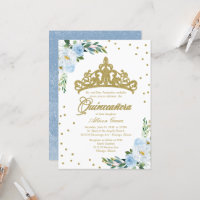 Quinceanera Invitation Gold Tiara Baby Blue Floral