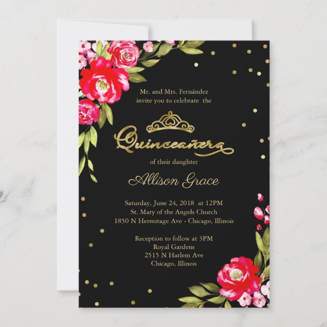 Quinceanera Invitation Hot Rose Floral Sur Noir (Devant)