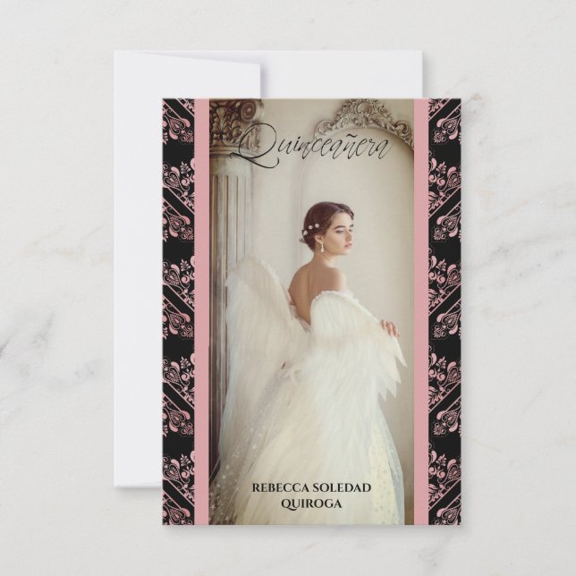 Quinceañera Invitation Photo Damasco Rosa Español (Front)
