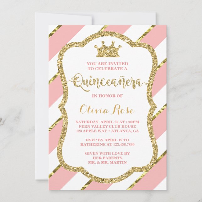 Quinceañera Invitation, Pink, Gold, Crown Invitation (Front)