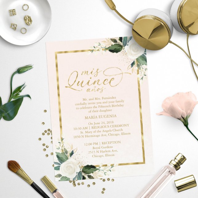 Quinceanera Invitation Pink Gold Foil Floral (Créateur téléchargé)