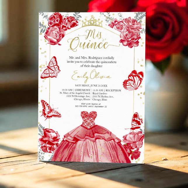 Quinceanera Invitation Red Dress Floral Gold Foil (Creator Uploaded)