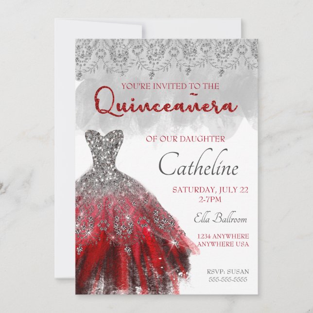 Quinceanera Invitation red silver 15th birthday (Front)
