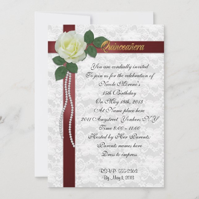 Quinceanera Invitation Rose blanche et ruban rouge (Devant)