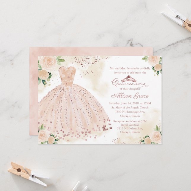 Quinceanera Invitation Rose Gold Rose Blush Gown (Devant/Arrière en situation)