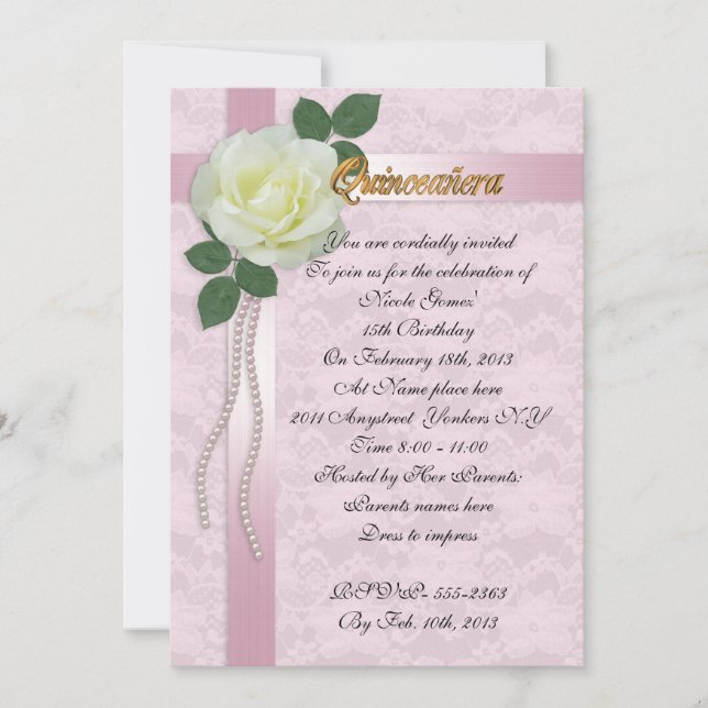 Quinceanera Invitation satin lace and white rose (Front)