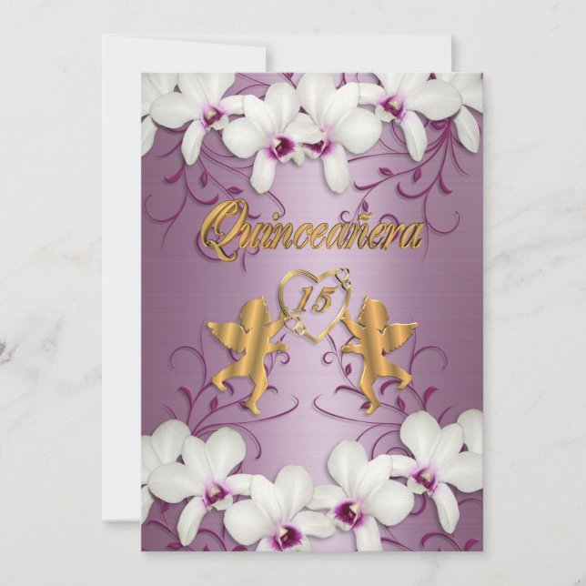 Quinceanera Invitation satin white orchids (Front)