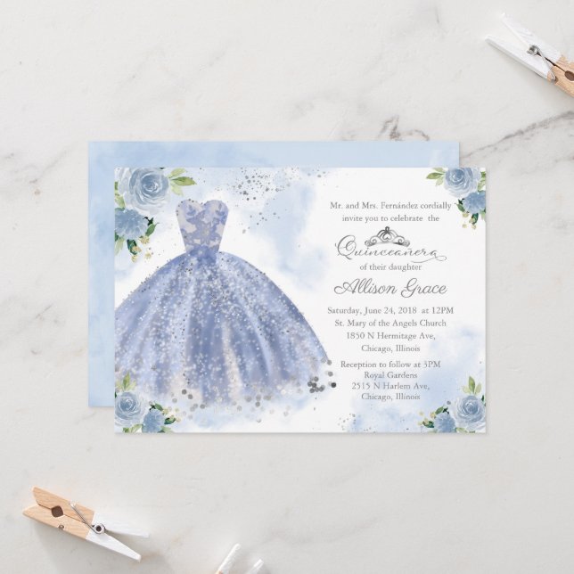 Quinceanera Invitation Silver Light Blue Gown (Front/Back In Situ)