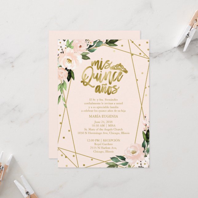 Quinceanera Invitation Spanish Blush Gold Foil (Front/Back In Situ)
