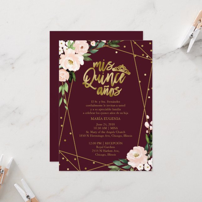 Quinceanera Invitation Spanish Blush Gold Foil (Front/Back In Situ)
