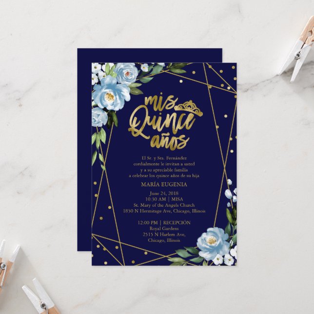 Quinceanera Invitation Spanish Dark Blue Gold Foil (Front/Back In Situ)