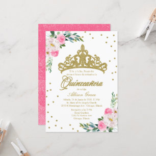 Quinceanera Invitation Spanish Gold Tiara Hot Pink