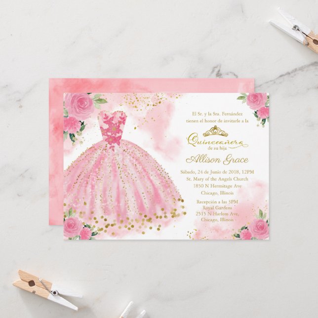 Quinceanera Invitation Spanish Hot Pink Gold (Front/Back In Situ)