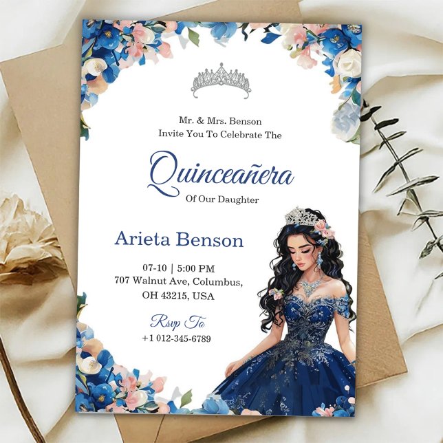 Quinceañera invitation with blue floral accents (Creator Uploaded)