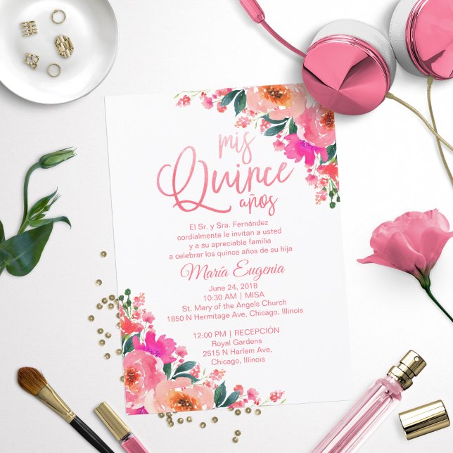 Quinceanera Invitations Espagnol Hot rose Floral (Créateur téléchargé)