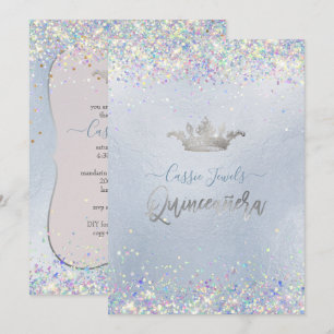Quinceanera Iridescent Confetti+Princess Crown Invitation