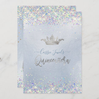 Quinceanera Iridescent Confetti+Princess Crown Invitation