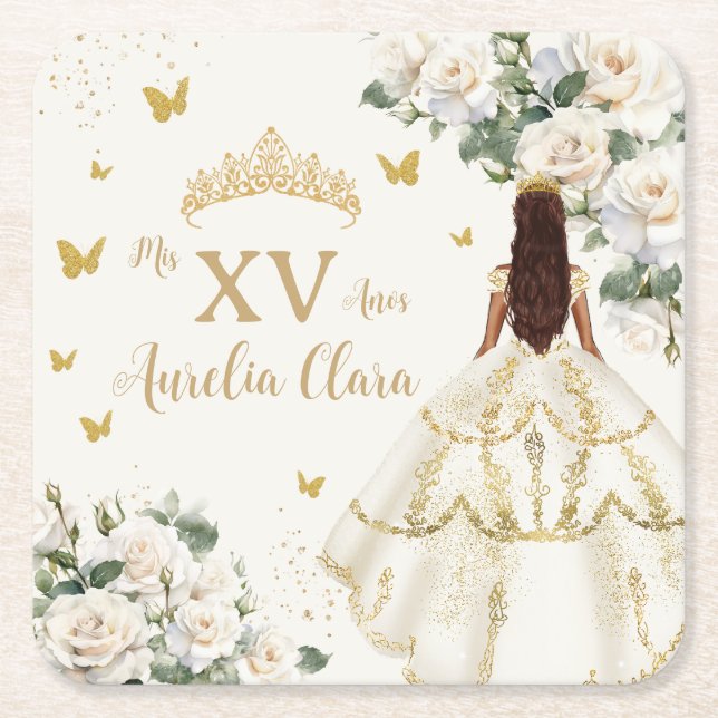Quinceañera Ivory White Floral Dress Princess Gold Square Paper Coaster (Front)