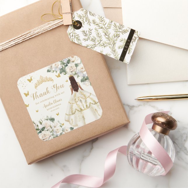 Quinceañera Ivory White Floral Dress Princess Gold Square Sticker (Gifting)