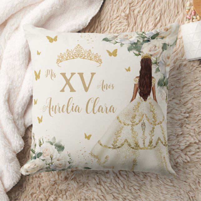 Quinceañera Ivory White Floral Dress Princess Gold Throw Pillow (Blanket)