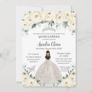 Quinceañera Ivory White Floral Silver Tiara Dress Invitation