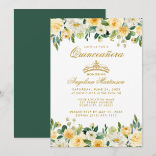 Quinceanera Jaune Or Vert Floral Invitation
