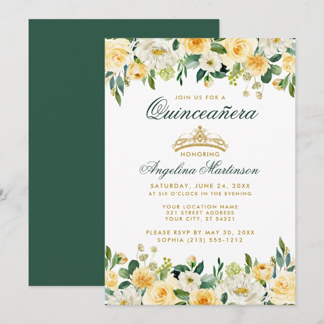 Quinceanera Jaune Vert Floral Or Invitation (Devant / Derrière)