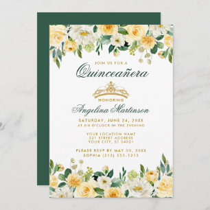 Quinceanera Jaune Vert Floral Or Invitation