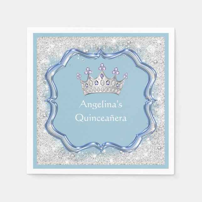 Quinceanera Jewelled Crown, Glass, Silver Glitter Napkin (Front)