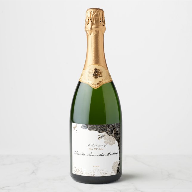 Quinceañera Label Champagne Bottle Black & Gold (Front)