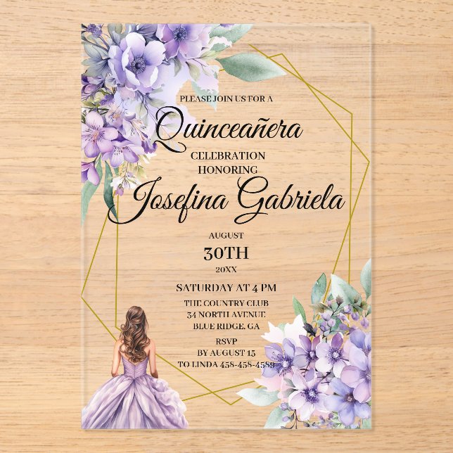 Quinceanera Lavender floral  Acrylic Invitations (Front)
