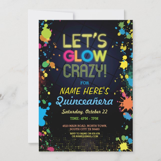 Quinceanera Let's Glow Crazy Birthday Neon Invite (Front)